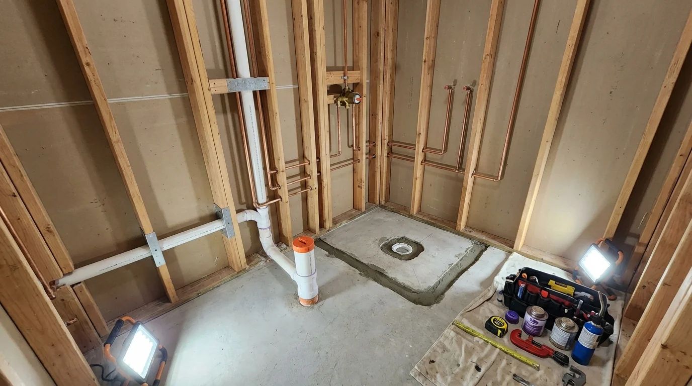 Bathroom rough-in plumbing during remodel by Johns Plumbing LLC in Robbinsville