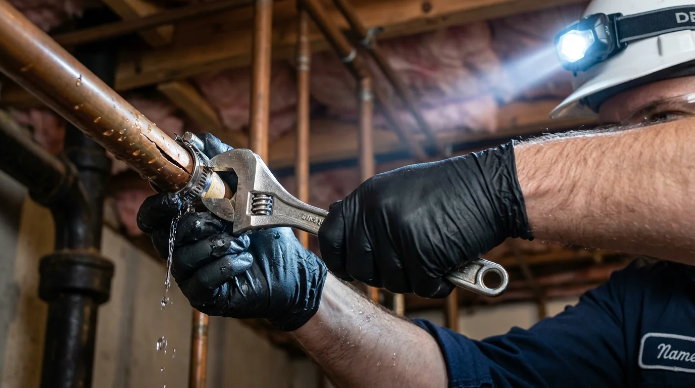 Emergency pipe clamp repair being performed by a Johns Plumbing LLC plumber in Robbinsville