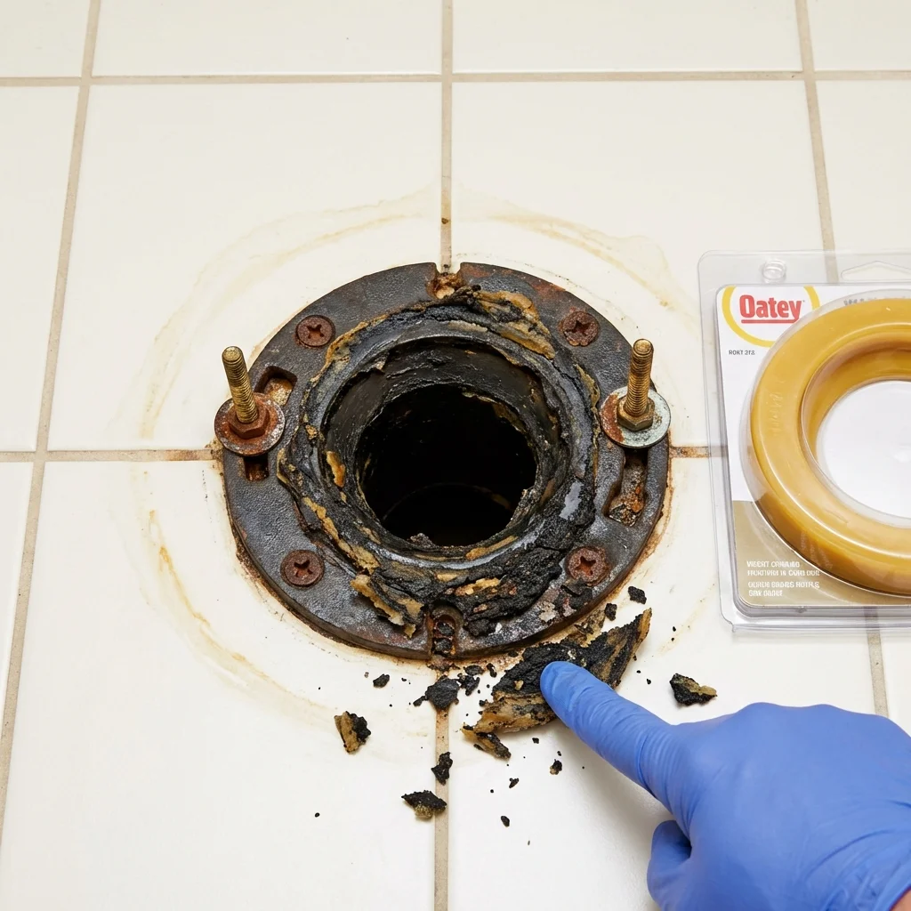 Failed wax ring showing water seepage at the base of a toilet in a Robbinsville, NC home