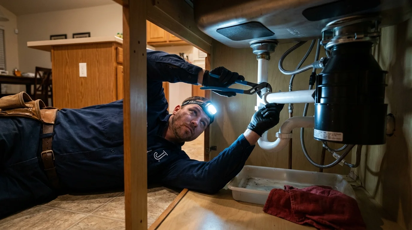 P-trap and supply line connections under a kitchen sink showing a common leak point in Robbinsville, NC